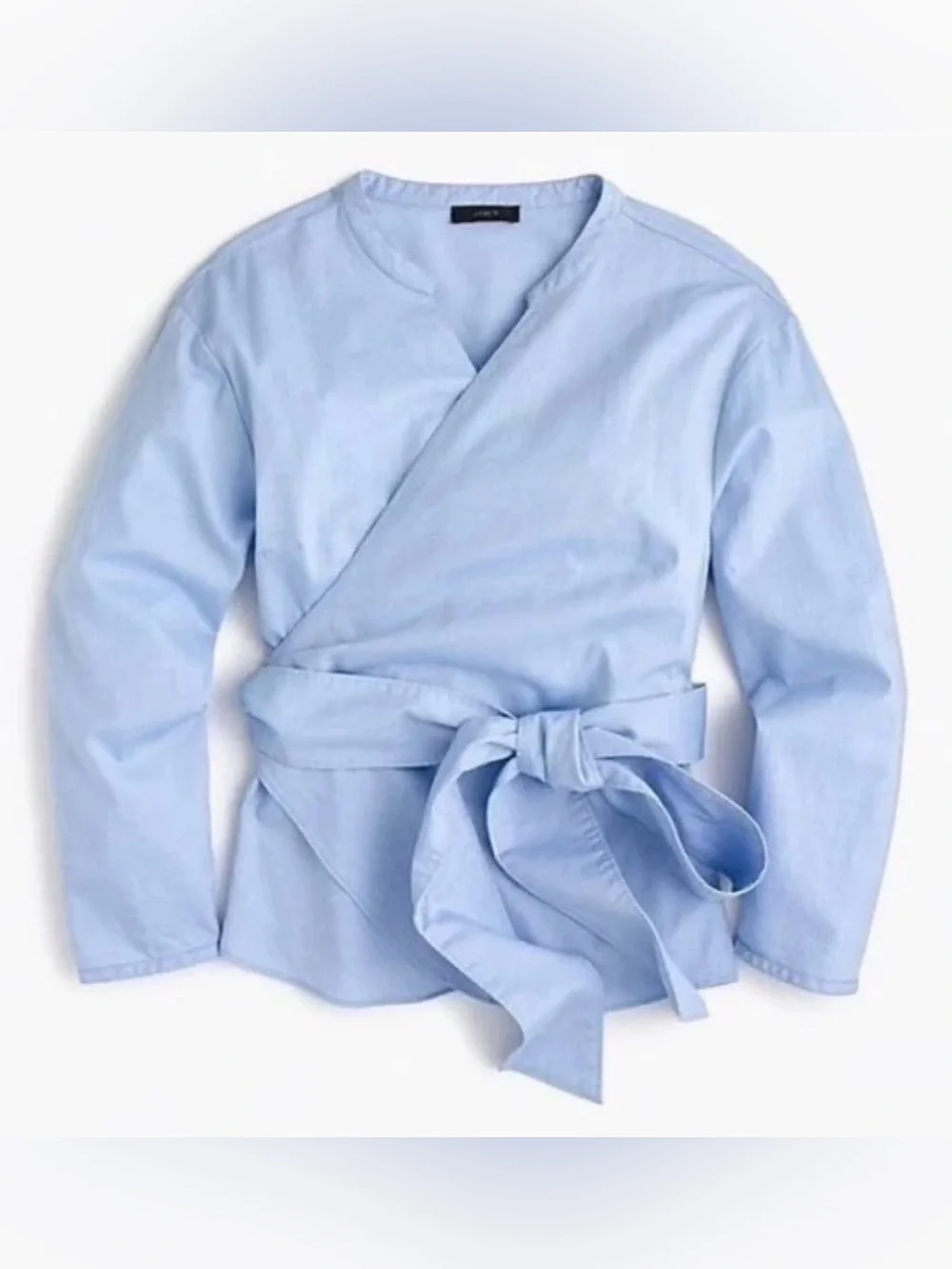 J. Crew Sarah Wrap Top Oxford Powder Blue Long Sleeve Blouse Surplice Medium